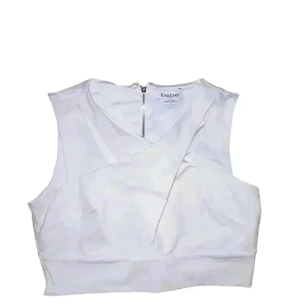 Bebe White Criss Cross Back Zip Crop Bra Top, Small
